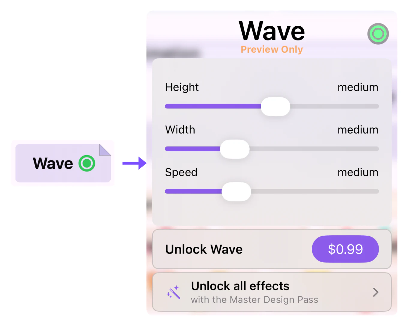 La vignette Ola avec son coin plié, et ses réglages indiquant Aperçu uniquement, avec Déverrouiller Ola et Déverrouiller tous les effets avec le Master Design Pass