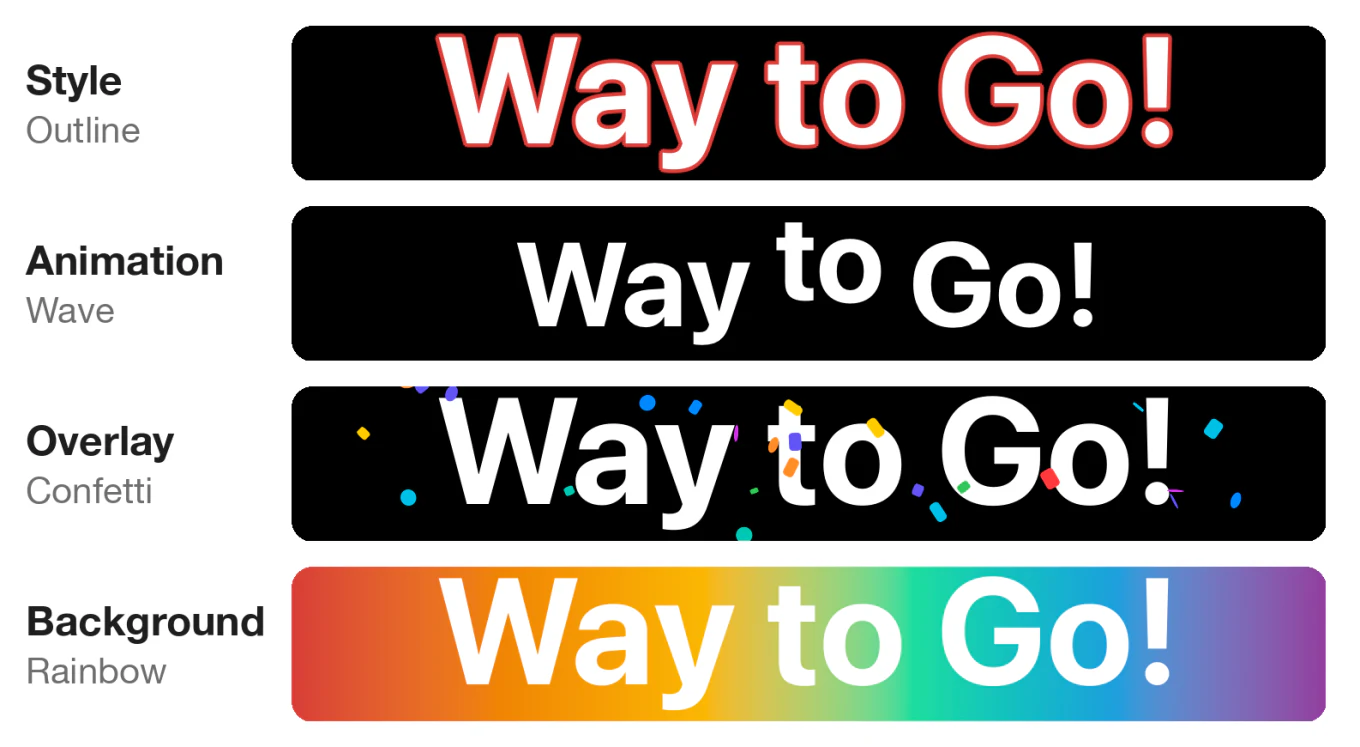 Way to Go! avec un effet de chaque catégorie : Contour, Ola, Confettis et Arc-en-ciel