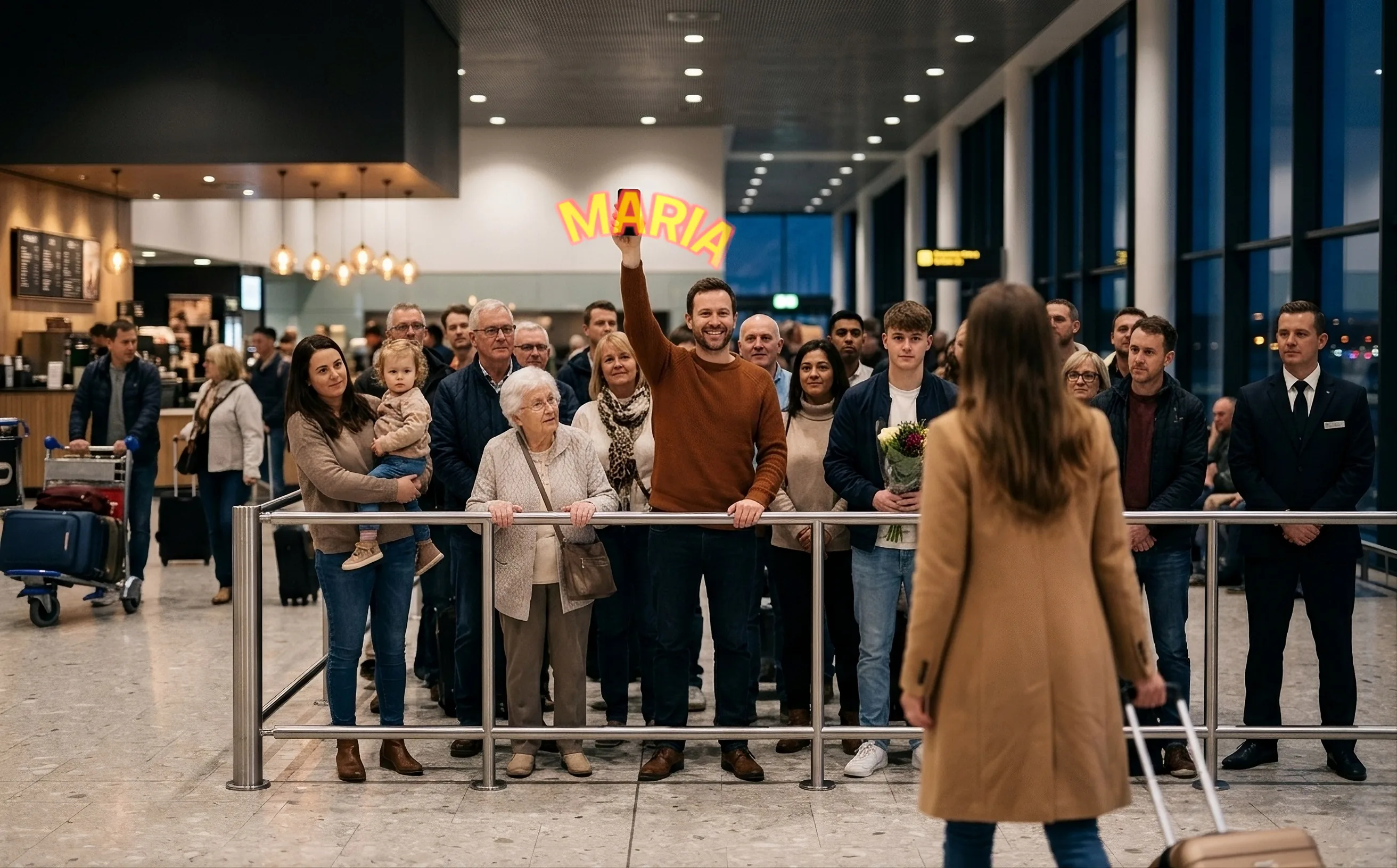 Dans le hall des arrivées d’un aéroport, un homme en pull rouille attend à la barrière parmi la foule, tout sourire, téléphone levé, tandis qu’une femme avec une valise s’avance vers lui. MARIA se dessine en arc au-dessus de son bras, en lettres jaunes bordées de rouge.