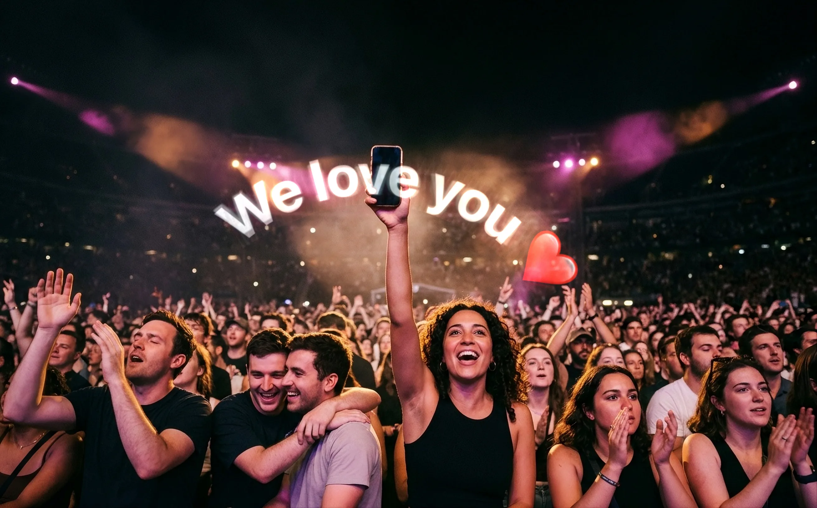 Dans la foule d’un concert en stade, une femme rit, téléphone levé. We love you, suivi d’un cœur rouge, se dessine en arc au-dessus de son bras, en lettres blanches lumineuses.
