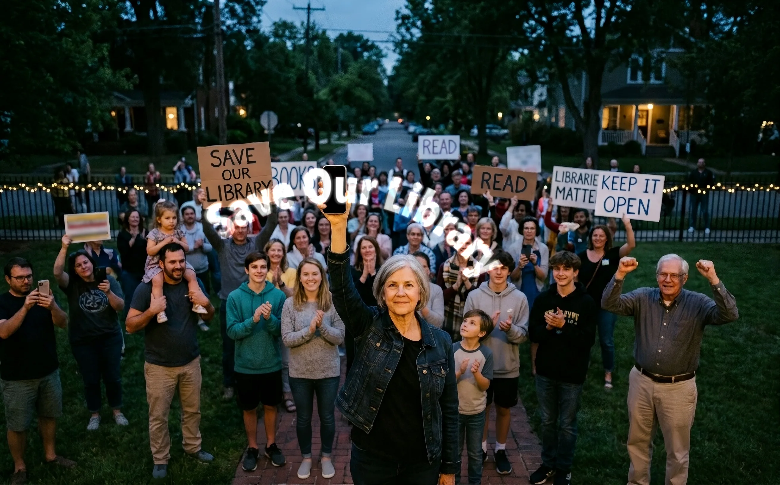 Lors d’un rassemblement au crépuscule sur la pelouse d’une bibliothèque, des voisins applaudissent et brandissent des pancartes écrites à la main. Une femme aux cheveux gris en veste en jean lève son téléphone, et Save Our Library se dessine en arc au-dessus de son bras, en lettres blanches lumineuses.