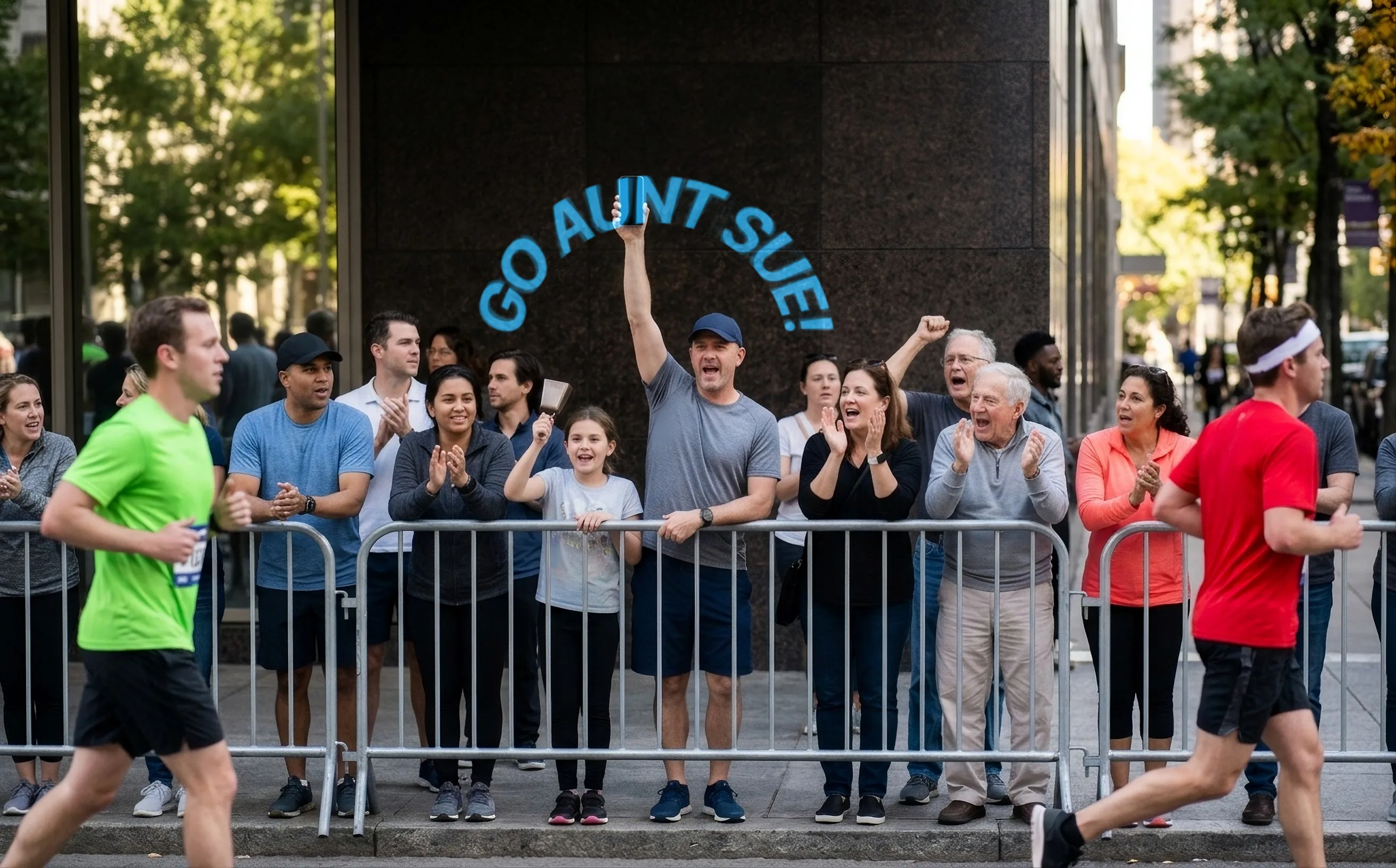 Derrière une barrière d’un marathon en ville, un homme encourage les coureurs, téléphone levé, entouré de spectateurs qui applaudissent. GO AUNT SUE! se dessine en arc au-dessus de son bras, en lettres bleues.