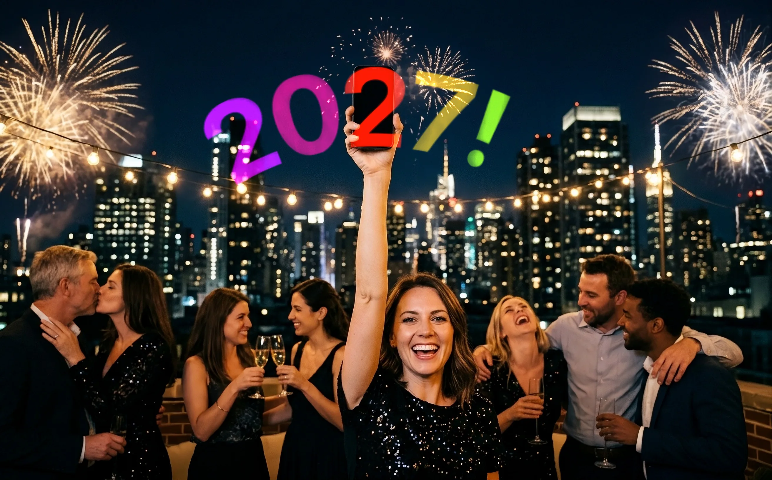 Lors d’une soirée du Nouvel An sur un toit, une femme souriante en haut noir à sequins lève son téléphone parmi des amis qui trinquent au champagne, avec les gratte-ciel de la ville et un feu d’artifice en arrière-plan. 2027! se dessine en arc au-dessus de son bras, chaque caractère d’une couleur différente : violet, rose, rouge, orange et vert citron.