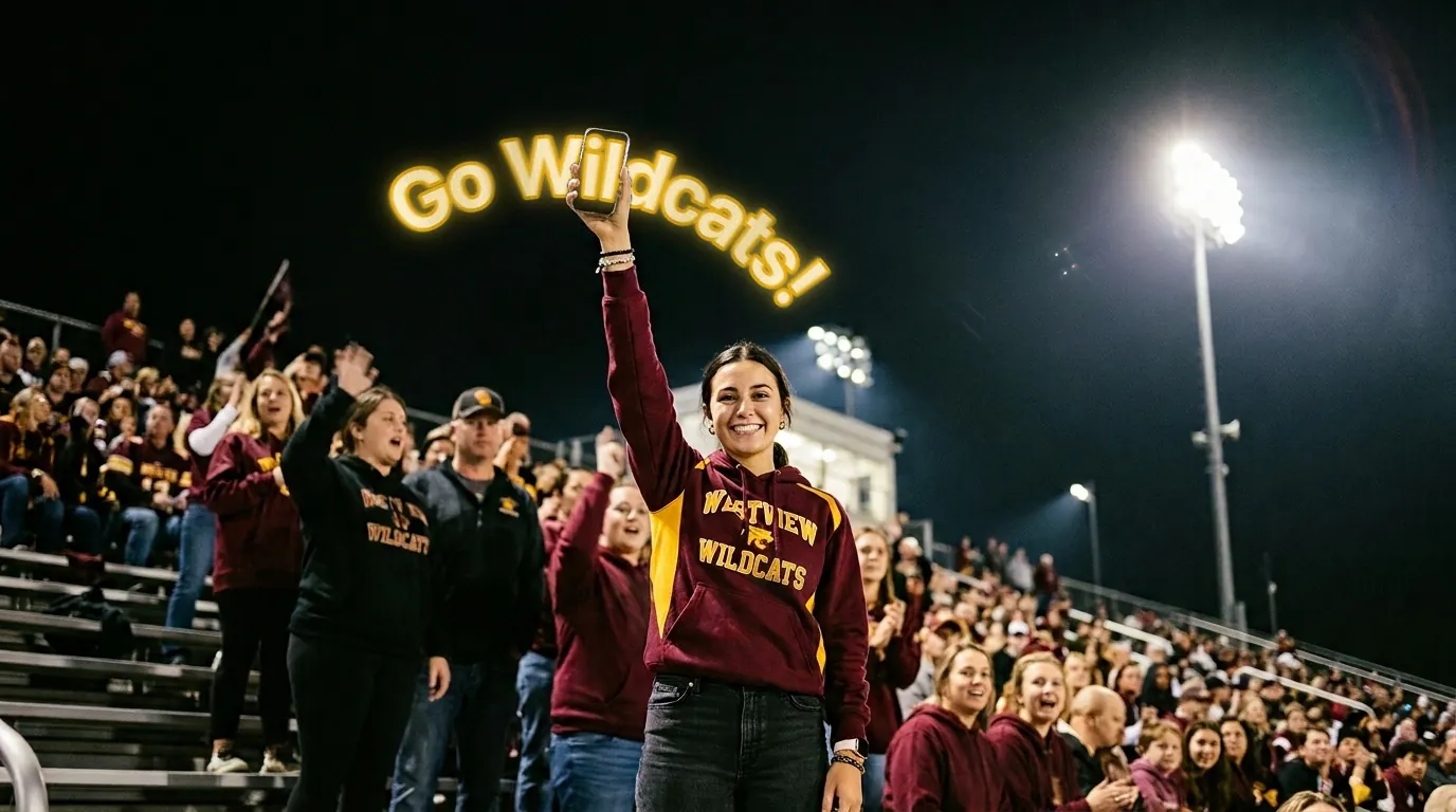 Lors d’un match de football américain de nuit, une supportrice agite son téléphone au-dessus de sa tête, et « Go Wildcats! » apparaît en lettres bordées d’or le long de l’arc de son geste